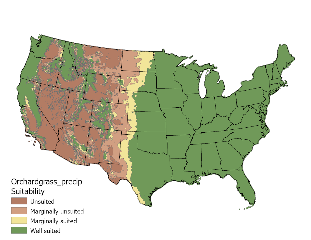 Orchardgrass Precipitation US Map