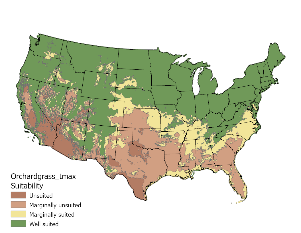 Orchardgrass Temperature Maximum US Map