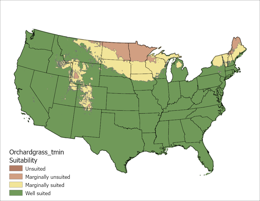 Orchardgrass Temperature Minimum US Map