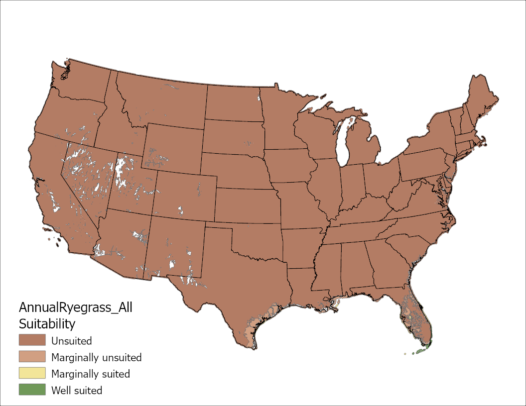Annual Ryegrass All Climate and Soil Factors US Map