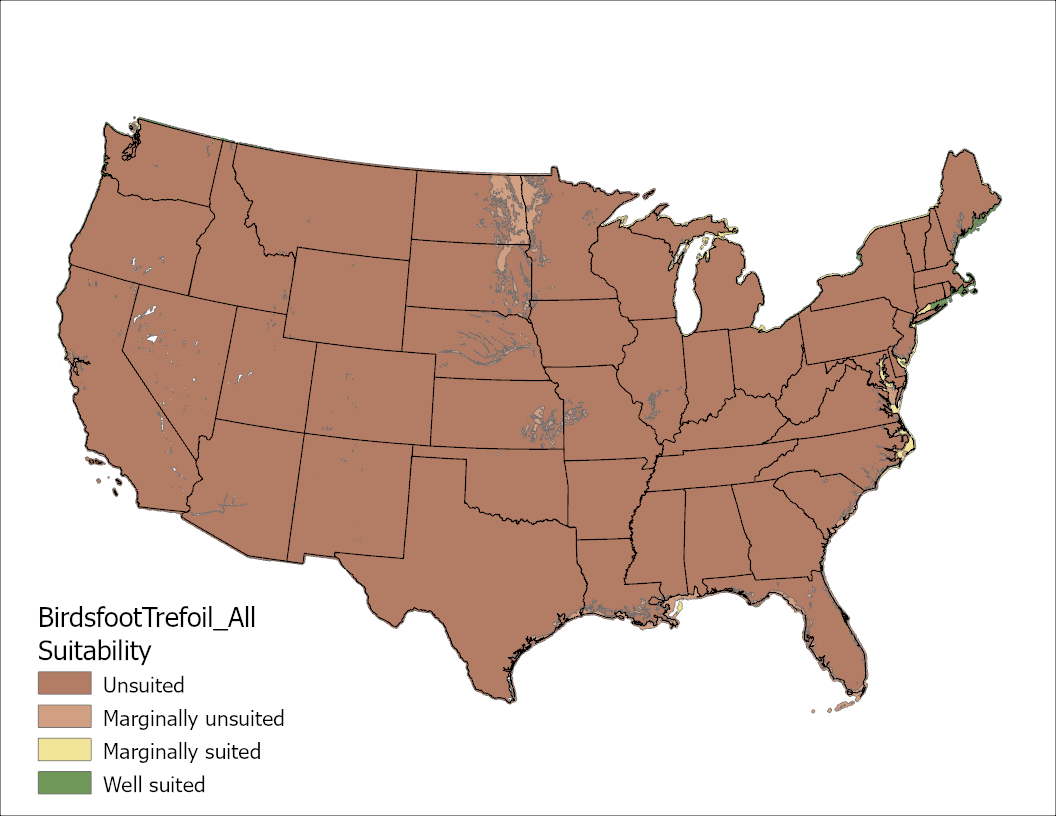 Birdsfoot Trefoil All Climate and Soil Factors US Map