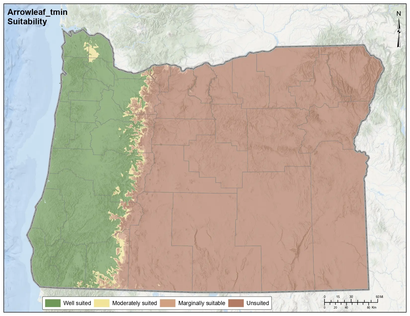 Arrowleaf Clover Temperature Minimum Oregon Map
