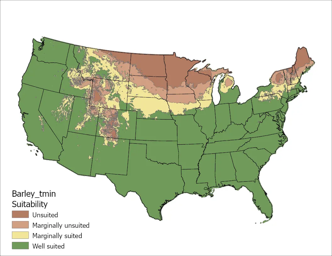Barley Temperature Minimum US Map