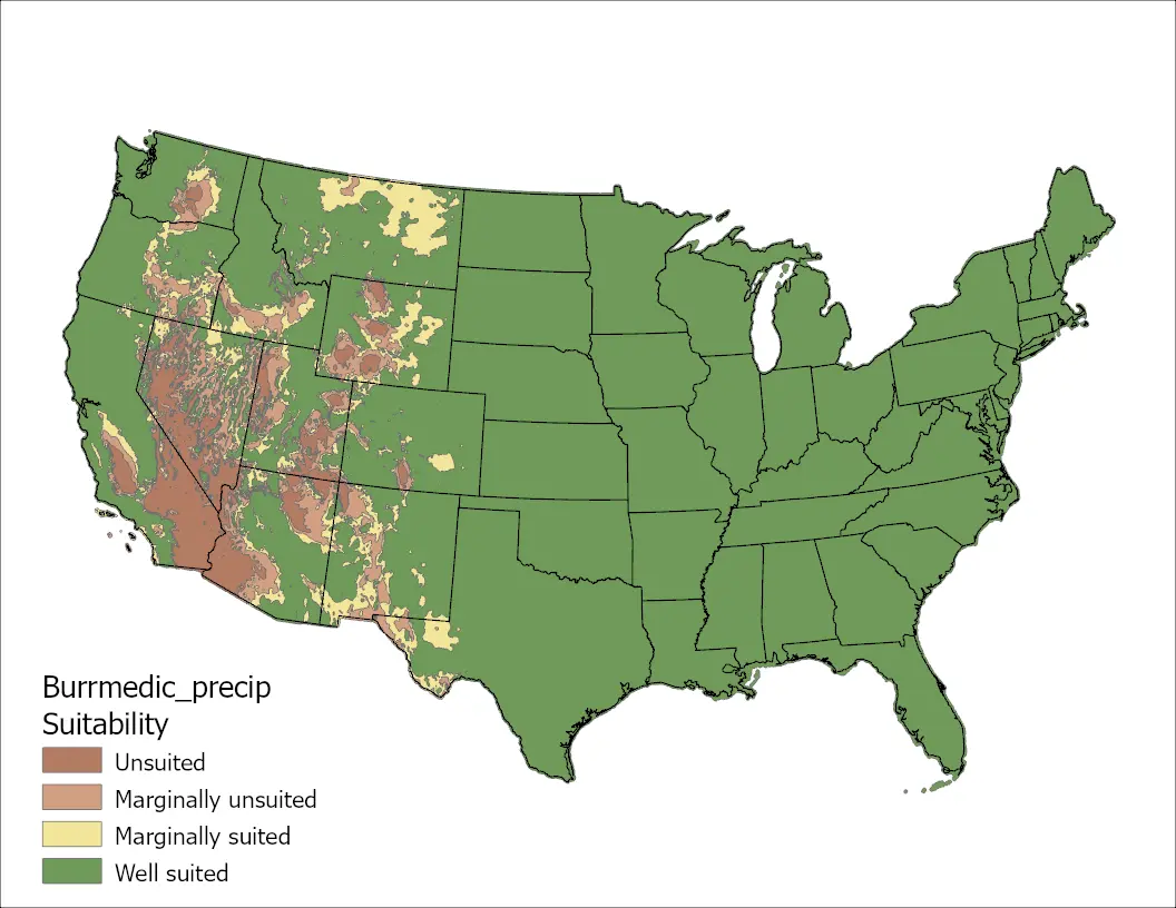 Burr Medic Precipitation US Map