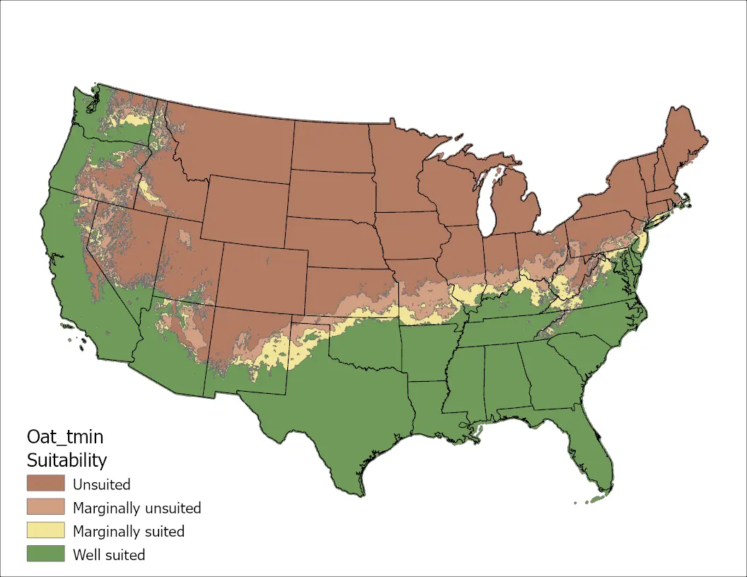 Oat Temperature Minimum US Map