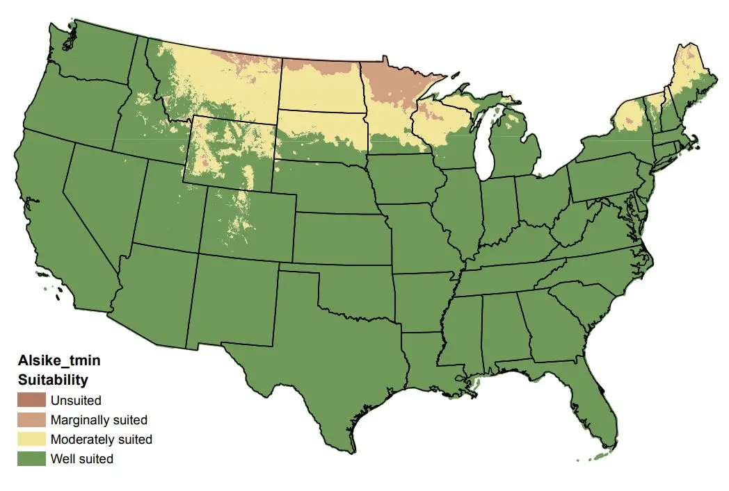 Alsike Clover Temperature Minimum US Map