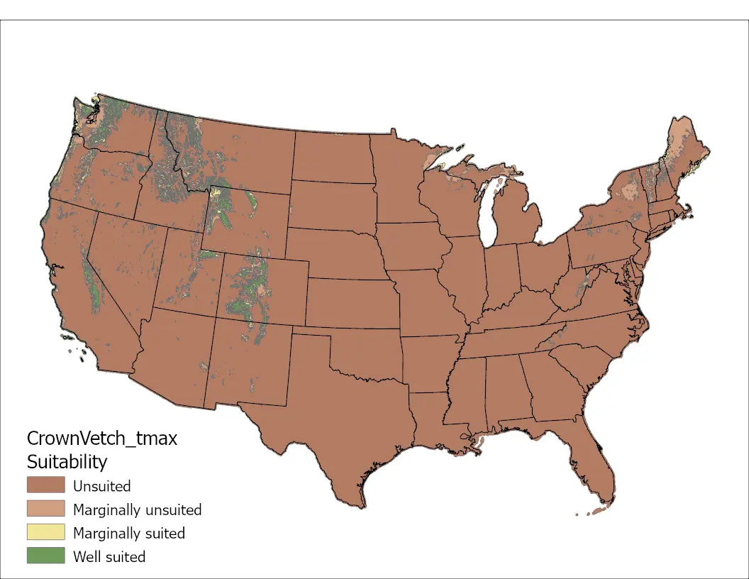 Crownvetch Maximum Temperature US Map