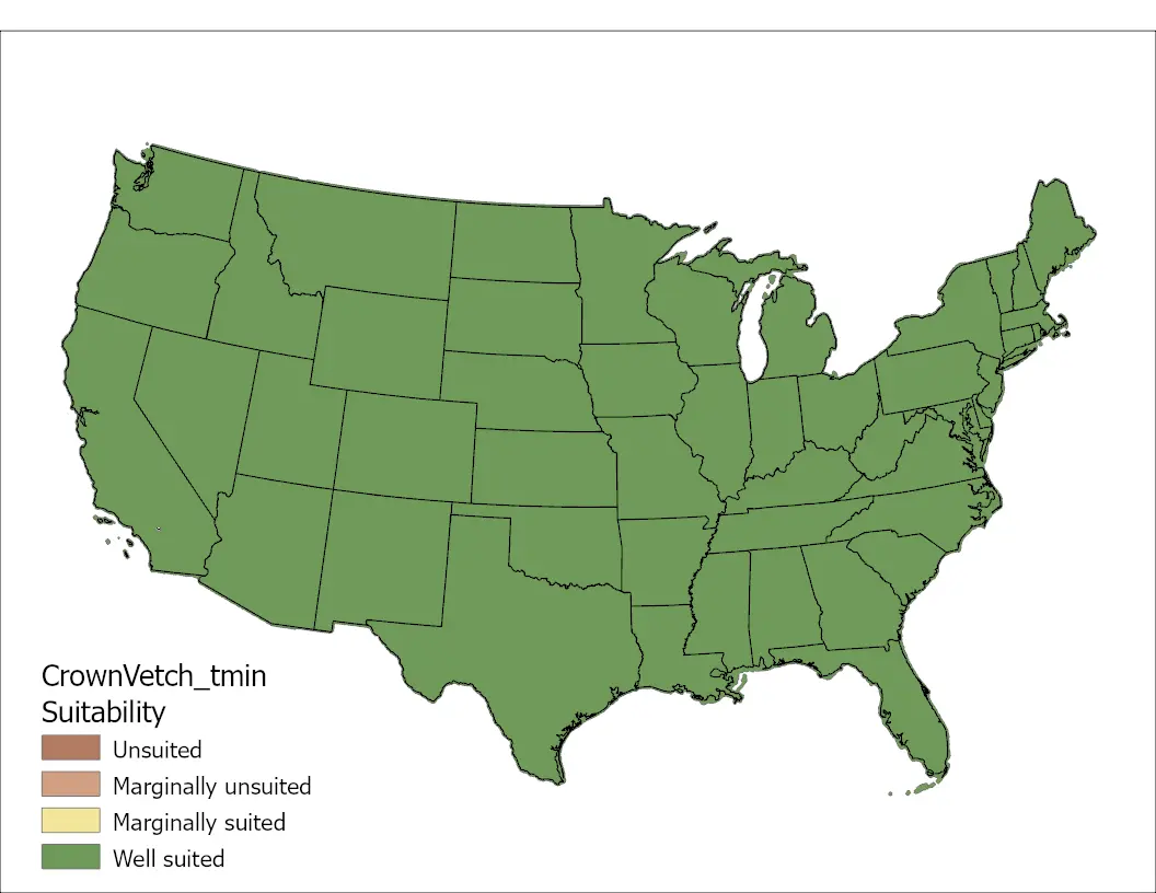 Crownvetch Minimum Temperature US Map