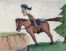 Cartoon drawing of someone riding a horse as they prepare to jump a small canyon
