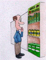 Cartoon person inspecting shelf of weed killer