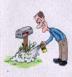 Cartoon person spraying the weeds under his mailbox