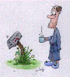 Cartoon person enamored by his crooked mailbox