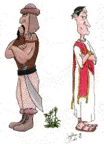Two ancient mean standing with their backs turned in disgust of each other.