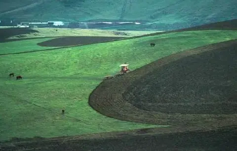 Tractor completing the plowing of his field, with half the field completed, and one half still to go.