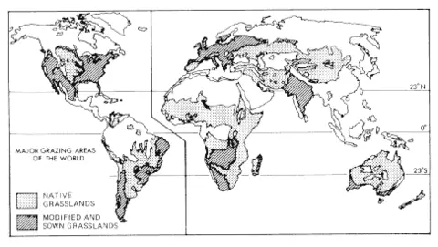 Diagram of earth showing the types of grasslands in each area of land