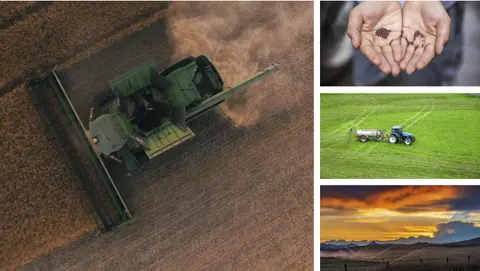 4 images collaged together showing a field which has truck on it, hands, sunset view and a machine.