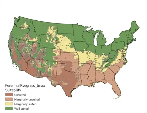 Perennial Ryegrass Temperature Maximum US Map