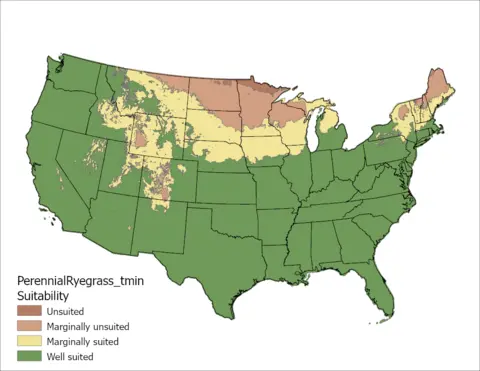 Perennial Ryegrass Temperature Minimum US Map