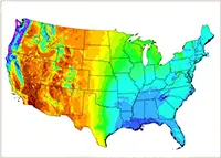 Map of the USA showing the different levels of precipitation each area of the map gets with colors ranging from red to pink